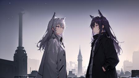 (((2girls))),(girls),(((slice of life))),(((masterpiece, best quality, extremely detailed, delicate colors, illustration, highres, 8k))) , (((wolfgirl))),(((animal ears))), ((wolf ears)),((wolf tail)), ((cyberpunk)), (((night time))), (((dark hair, purple hair, violet hair, long hair, big eyes, grey eyes,beautiful grey eyes,deep blue inner color, grey hair, half body))), (((night))),(((night time))),(((outdoors, fire))), (((coat))), (((black coat))), (((white coat, trousers, grey trousers,, pockets))), (((night, nighttime, winter, outdoors, snow,snowing, heavy snow, snow field, outside, outside a house, electric tower, industry, facility, factory, machines, highway))) (((flare, lens flare, cyberpunk, neon))), (((beam, dark sky, clouds, cloudy, storm clouds))), (((accompany, from side))), (((ruins, close up, light, crystal, backlighting))), <lora:backlighting:0.5>