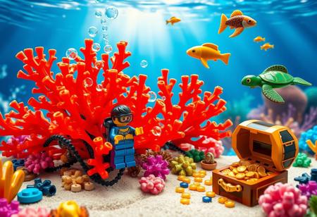 Imagine a vibrant underwater LEGO scene, teeming with life and color. At the center, a majestic coral reef made from bright red and orange LEGO pieces rises from the seabed. Tiny, multi-colored LEGO fish swim around the coral, darting in and out of the crevices. A LEGO scuba diver, in a blue wetsuit with an oxygen tank, hovers near the reef, taking photos with a mini LEGO camera. Clear round LEGO pieces form bubbles floating upward.
Nearby, a treasure chest on the sandy LEGO sea floor spills out gold coins and jewels, all crafted from shiny LEGO bricks. A curious LEGO octopus inspects the treasure, its tentacles made from hinged pieces. Above, a green and brown LEGO sea turtle glides gracefully, accompanied by smaller fish, all brilliantly colored.