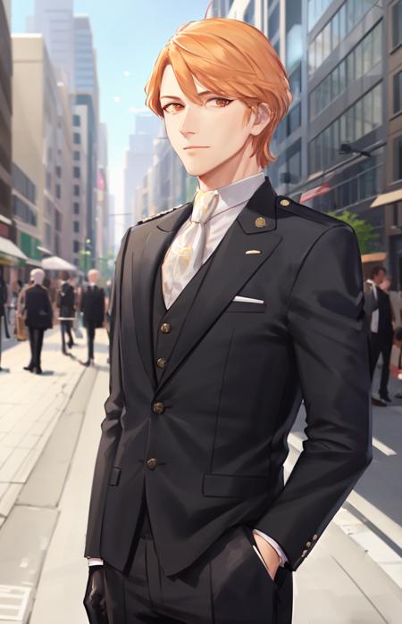 detailed background, city street, crowded, sidewalk, looking at viewer, portrait, formal, suit, tie, gloves, fixing tie, <lora:FerdinandvonAegir:0.7> ferdinandvonaegir