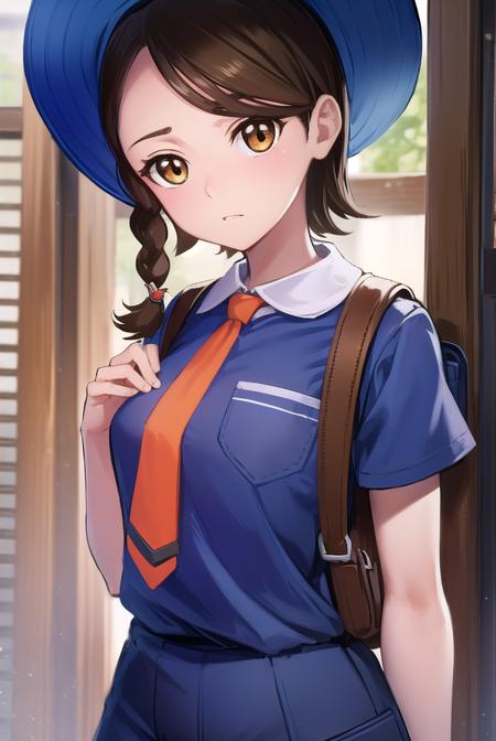 pokemonjuliana, <lora:pokemonjuliana-lora-nochekaiser:1>,
pokemonjuliana, braid, (brown eyes:1.5), brown hair, hair ornament, hairclip, side braid, single braid, swept bangs,
BREAK backpack, bag, black footwear, blue headwear, blue shirt, breast pocket, collared shirt, hat, kneehighs, naranja academy school uniform, necktie, orange necktie, orange shorts, pocket, school uniform, shirt, shoes, short sleeves, shorts, socks, striped, striped shorts, sun hat, white socks
BREAK looking at viewer, full body, (cowboy shot:1.5),
BREAK outdoors,,
BREAK <lyco:GoodHands-beta2:1>, (masterpiece:1.2), best quality, high resolution, unity 8k wallpaper, (illustration:0.8), (beautiful detailed eyes:1.6), extremely detailed face, perfect lighting, extremely detailed CG, (perfect hands, perfect anatomy),