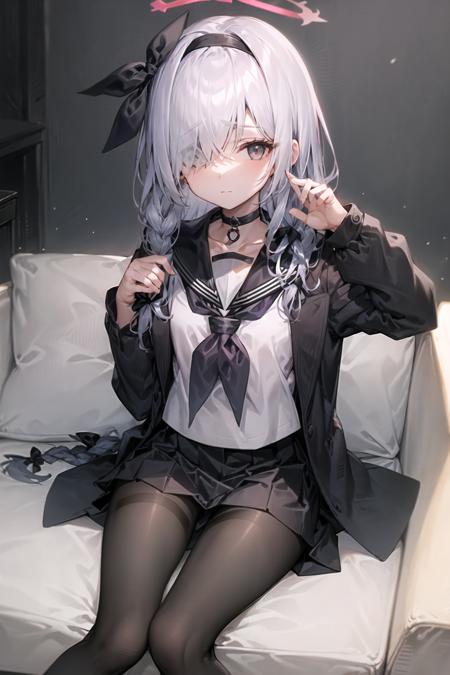 1girl, solo, halo, pantyhose, long hair, skirt, braid, hair over one eye, hairband, neckerchief, choker, white hair, sitting, sailor collar, school uniform, black choker, long sleeves, looking at viewer, black hairband, serafuku, shirt, black pantyhose, pleated skirt, black skirt, open clothes, bangs, black serafuku, closed mouth, black shirt, collarbone, black sailor collar, white neckerchief, couch, single braid, coat, grey eyes, hair ribbon, black coat, ribbon, open coat, white shirt, side braid, bow, indoors


 <lora:PuranaV1.5:1>