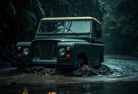 Land Rover Series I stuck in muddy rainforest during a tropical downpour, heavy rain falling, windshield wipers in motion, headlights glowing through mist, dramatic cinematic lighting, water droplets on camera lens, moody atmosphere, realistic reflections on wet metal, old explorer style
--ar 16:9 --style film --q 2
<lora:rain_effects_realistic:0.8> <lora:classic_cars_vintage_adventure:0.8> <lora:cinematic_moody_lighting:0.75>