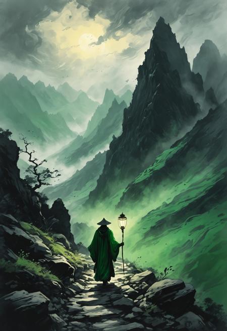 A lone traveler, cloaked in flowing emerald-green robes, ascends a rugged mountain path under a brooding sky painted in layered, stormy ink-wash tones. Their silhouette contrasts sharply against the jagged peaks, with wisps of mist curling around the scene in delicate, fluid strokes. In one hand, they hold a lantern that glows softly with a golden hue, casting faint ripples of light across the rocky ground. The composition uses sweeping, textured brushwork to evoke a sense of motion, with swirling clouds and drifting leaves emphasizing the ethereal, untamed atmosphere. The interplay of luminous accents and muted grays creates a hauntingly beautiful sense of isolation