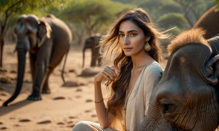 zibbyallen stunning a close up portrait photo of a beautiful 30 y.o pale woman, brown flowing hair, goddess, sitting on a elephant, India, Monkey everywhere, playful, wearing safari linen clothing, dusty, old world, rough, stone temple, Sunny day, (high detailed skin:1.2), 8k uhd, dslr, high quality, film grain, Fujifilm XT3