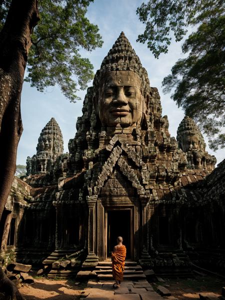 langscape of angkorwat at dawn, monk, ruins, temple, statue, most, tree, root, stone, epic, dim light <lora:ARWangkorwat:1>, <lora:add_detail:0.5>