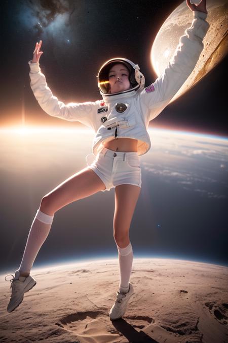 (8k, RAW photo, best quality, masterpiece:1.2), (realistic, photo-realistic:1.37), (1girl, in the air), full body, deep depth of space, universe background, Mysterious planet,(white shirt, white shorts),1 planet,((Astronaut helmet,reflective)),<lora:arknightsTexasThe_v10:0.1>