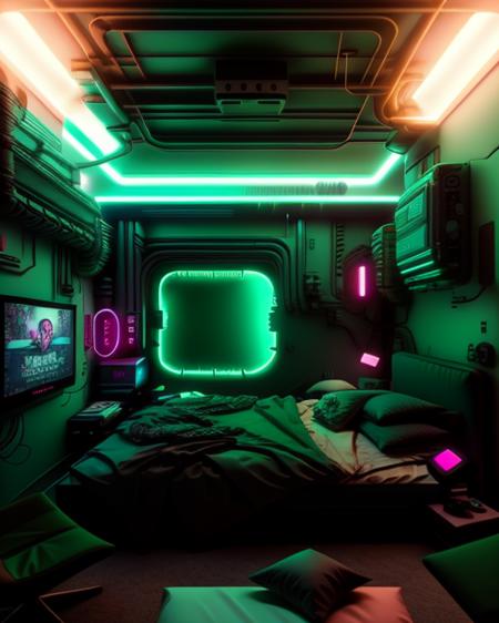 a room with a large screen and a bed in it with a green light on the wall and a neon green light on the ceiling, Beeple, dystopia, cyberpunk art, neo-figurative