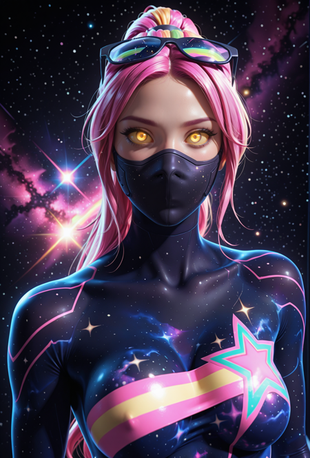 masterpiece, high_quality, highres, depth_of_field, subject_focus, 8K, solo,
 <lora:Galaxia:0.7> galaxia, glow eyes, yellow eyes, pink hair, ponytail hair, universe bodysuit, pink star on chest, rainbow on chest, mask, glasses over head, pink details, strand of green hair,
stare, looking at viewer, close up, portrait, face mask, large breasts, dynamic angle, dutch angle, galaxy background, yellow sclera, glowing sclera, glowing eyes,