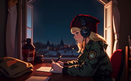 <lora:lofistudy:0.75>, lofistudy, 1girl, writing, from side, ukrainian girl, blonde hair, long hair, headphones, beanie, camouflage uniform, window, ukraine background, night