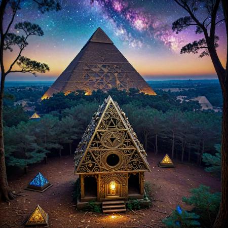 (stylized by Leanne Surfleet:1.1) , anime key visual, intricate background, landscape of a (Pyramids of Giza:1.3) from inside of a Birdhouse, it is very Cromulent and Old, crowded woods and Andromeda constellation in background, Bathed in shadows, Dynamic, Energetic, Steampunk Art, Direct light, L USM, Cold Colors, Gilded, rich color, Pixabay, 4K