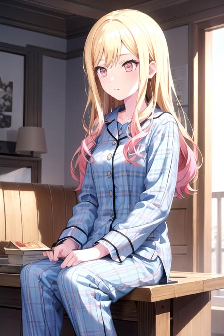 <lora:TenmaSaki-03:0.75>,10ma_s, 1girl, solo, long hair, blonde hair,  shirt, red eyes, long sleeves, sitting, closed mouth, pink hair, pants, pink eyes, plaid, blue shirt,  pajamas