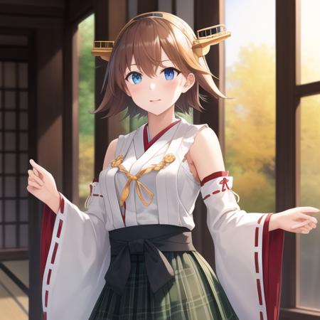 (masterpiece, best quality:1.2),illustration,8k,hd,1girl,solo,cowboy shot,hiei (kancolle),blue eyes,brown hair,detached sleeves,flipped hair,frilled skirt,frills,green skirt,hairband,headgear,japanese clothes,plaid,plaid skirt,ribbon-trimmed sleeves,ribbon trim,short hair,skirt,<lora:Hiei(kan)>,