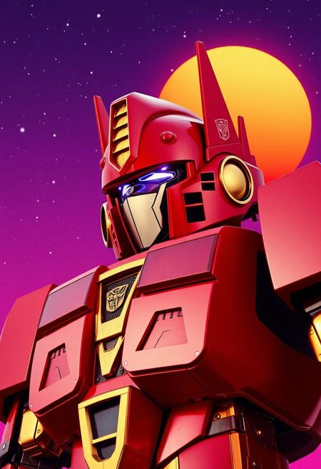 Red and gold transformer evil robot, cowboy shot photograph, purple sky, cosmic stars, with an orange and blue synthwave sun background. Slightly turned. Decepticon.