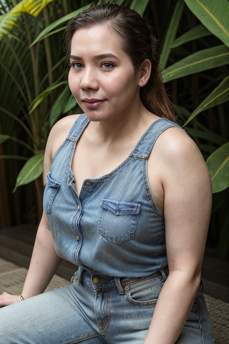 a photo of a 1girl,Vherna-500, full body shot, wearing  jeans and tank top , natural eyes, natural hands, detailed, posing in a lush tropical garden 
 <lora:Hand v3 SD1.5:0.75> <lora:polyhedron_all_eyes:0.35>