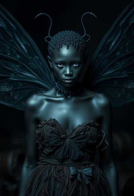 An evocative dark fantasy photography. The central figure is a once-elegant african fairy, her skin is black coal now corrupted by sinister forces. She has buterfly wings like attributes, a pale complexion, glowing blue eyes. Her once-lush attire is now tattered and overgrown with the transparency  that she once represented. The background is dark and foreboding, reflecting the fairy's lost beauty and anger. The overall atmosphere is cinematic and conceptual, immersing the viewer in a world of dark fantasy., cinematic, dark fantasy