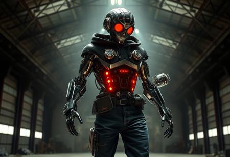 Create a high-resolution, hyper-realistic image of a Teslapunk robot. The robot should be positioned in a dark hangar, illuminated by a spotlight, and adopt an action pose. Incorporate gearwheels, glass elements, and volumetric lighting with caustics. The robot's attire should consist of jeans and a black hoodie. Apply tone mapping and film grain effect for an epic stock photo aesthetic. The image should resemble the style of Stephen Bliss, specifically his 'Tyrant' piece featured on Amiami. The output should be in 8K, with detailed post-processing and an Octane render.