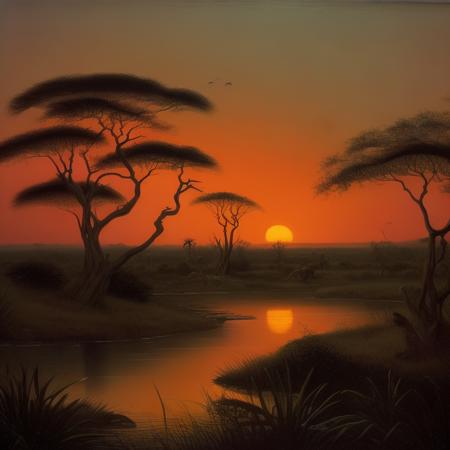 detailed Safari Sunset against a black backdrop by martin johnson heade, artstation