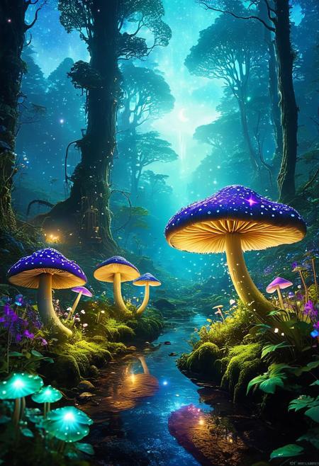 In the heart of an ancient, enchanted forest, giant bioluminescent mushrooms tower above, casting a mystical glow in shades of blue, purple, and green, their caps adorned with intricate, glowing runes, wisps of sparkling mist swirl around the forest floor, revealing ethereal creatures like fairies and sprites dancing among the fungi, a gentle, luminescent river winds through, reflecting the enchanted light and adding a shimmering effect, the scene is bathed in a twilight ambiance, with the sky visible through the canopy filled with twinkling stars and a crescent moon, the air is filled with the scent of wildflowers and the faint sound of a magical melody echoing through the woods