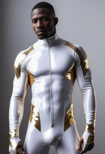 two strong 24-year-old senegalese males, with short top crop Hair, detailed face, confused expressions, wearing skin tight latex jockstraps over his transparent  latex suits, wearing a skin tight white latex cybernetic suits with light-gray and gold latex details, standing at attention posture,  on a modern university, looking to the camera, detailed face, Cinematic, Photoshoot, Shot on 25mm lens, Depth of Field, Tilt Blur, Shutter Speed 1/1000, F/22, White Balance, 32k, Super-Resolution, Pro Photo RGB, Half rear Lighting, Backlight, Dramatic Lighting, Incandescent, Soft Lighting, Volumetric, Conte-Jour, Global Illumination, Screen Space Global Illumination, Scattering, Shadows, Rough, Shimmering, Lumen Reflections, Screen Space Reflections, Diffraction Grading, Chromatic Aberration, GB Displacement, Scan Lines, Ambient Occlusion, Anti-Aliasing, FKAA, TXAA, RTX, SSAO, OpenGL-Shader s, Post Processing, Post-Production, Cell Shading, Tone Mapping, CGI, VFX, SFX, insanely detailed and intricate, hyper maximalist, elegant, dynamic pose, photography, volumetric, ultra-detailed, intricate details, super detailed, ambient