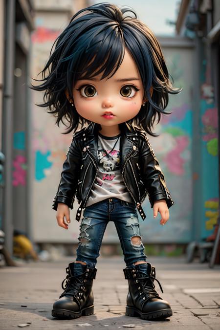 1girl,solo,chibi,(Leather_biker_jacket:1.4),(Distressed_jeans:1.3),(Studded_ankle_boots:1.2),(Street_graffiti_background:1.4),datou,<lora:datou-000005:0.8>,