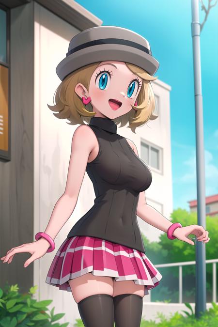 gonzarez, masterpiece, Serenaj, 1girl, grey headwear, solo, jewelry, thighhighs, sleeveless turtleneck, turtleneck, skirt, smile, sweater vest, blonde hair, earrings, hat, blue eyes, sleeveless, open mouth, eyelashes, vest, blush, bangs, breasts, medium hair, bracelet, looking at viewer, outdoors, black thighhighs, brown thighhighs, sky, day, sparkle, shiny, cloud, pleated skirt, red skirt, cowboy shot,  <lora:Serena_Journeys:0.8> <lora:Gonzarez_Style-09:1>