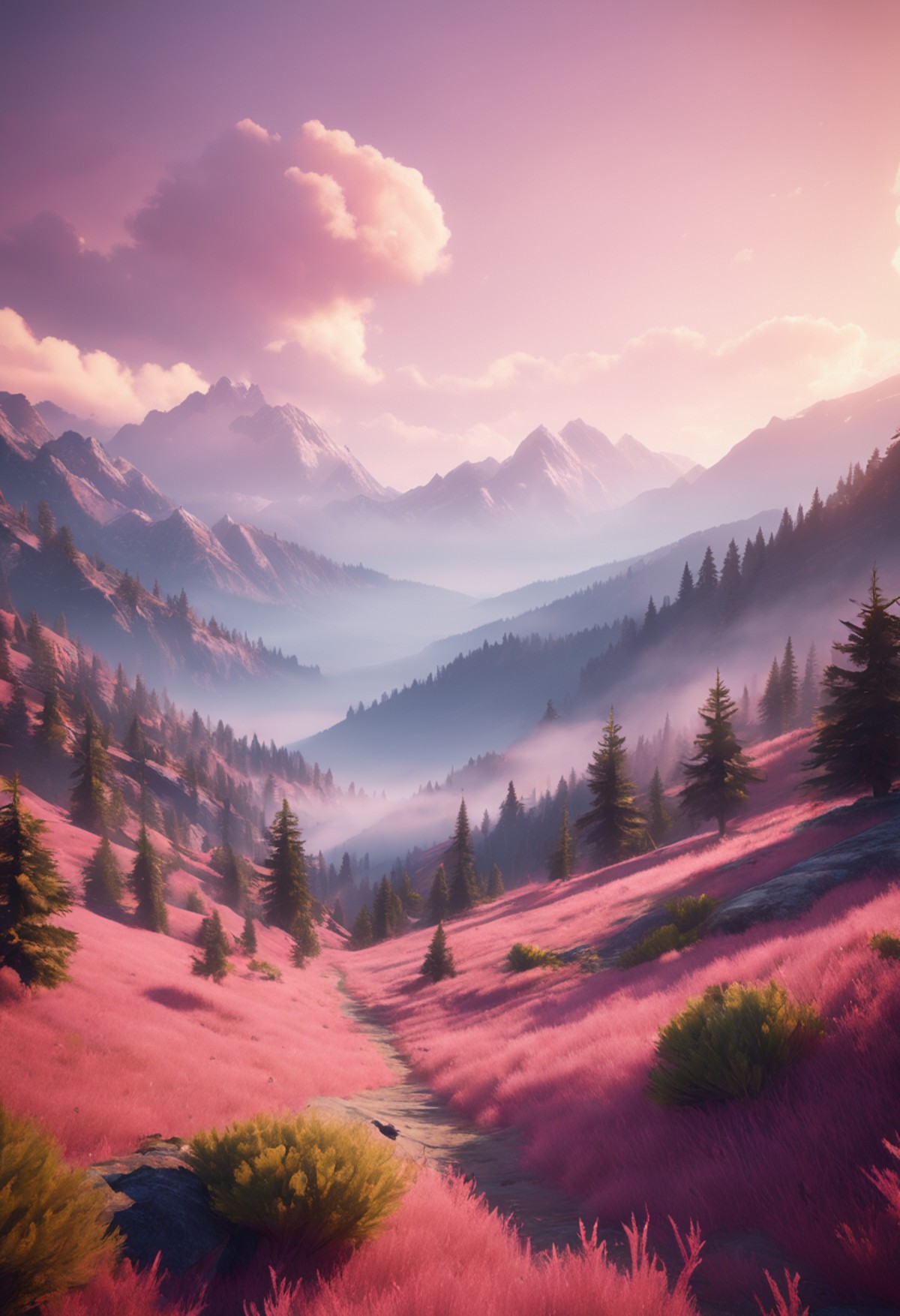 distant mountains under the pink clouds backlit by the sun, volumetric fog, ue4, ue5, unreal engine, by Greg Rutkowski