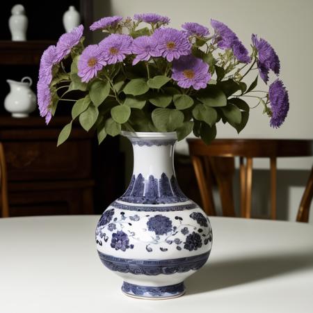 a (bwporcelaincd, porcelain, shiny:1.2) vase, flower inserted into the vase, (solo:1.2), <lora:bwporcelaincd-000015:0.8>, no humans, high quality, masterpiece, realistic, photorealistic, long-focus, (indoors, on table:1.2)