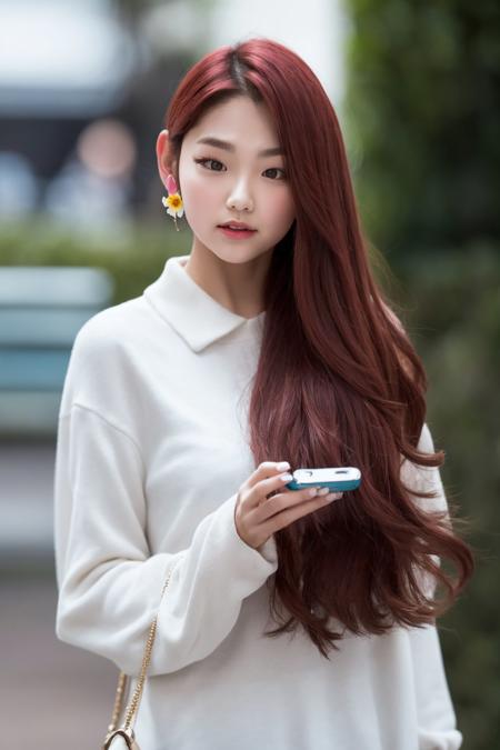 masterpiece, best quality,closed mouth, looking at viewer,  alluring, clean, beautiful face, pure face, pale skin, little smile, a woman with long red hair and a flower in her hair is holding a cell phone up to her ear and a flower in her hand is standing next to her, <lyco:kang_mina:1>,