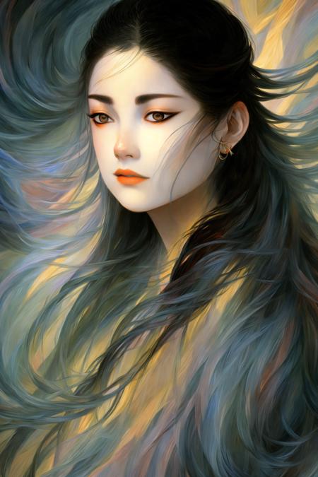 masterpiece, best quality, concept art, Impasto Paiting, a female, adult, (goosebumps:0.3), subsurface scattering, black eyes, Lying on the back, one leg bent, medium hair, looking back, style of zaodao,drawing,illustration