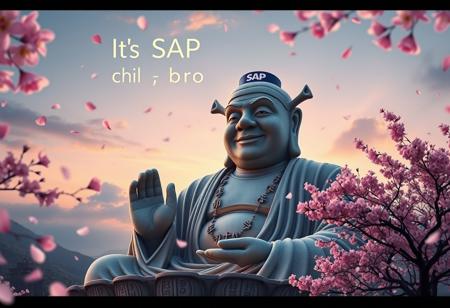 Prompt: "A serene and magical scene featuring a gigantic stone statue of Buddha, but with Shrek's face. The statue is in a meditative pose with one hand raised and cap on his head with logo SAP text. The statue should resemble the Kamakura Buddha, smiling peacefully. Surrounding the statue are glowing Kanji characters, adding a mystical touch. Cherry blossom petals are blowing in the wind, filling the air. At the top of the image, the text 'Its SAP chill bro' is clearly written in clouds. The skyline is beautiful, with high detail and an overall serene, masterpiece quality."