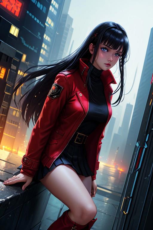 a portrait of a cyberpunk girl, (pale skin with freckles and straight black hair, blue eyes), muscular BREAK
wearing a (red bolero jacket, white dress with short skirt, tighthigh boots) BREAK
on a ledge overlooking a cyberpunk city at night BREAK
CHRRY, very detailed skin, skin pores, dolly zoom, dutch angle, lens flare, spot lights, sharp focus, intrincate details