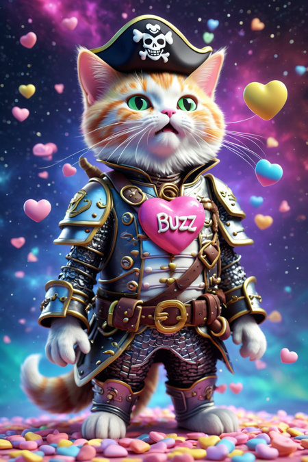 lazympos,a 3D cute Pirate cats made from candyhearts armor,breathing rainbows,magic,sci fi,energy,text "buzz",<lora:Candyhearts-15:0.7>,(outer space background),Professional,modern,masterpiece,super realistic,highly detailed,<lora:TrendCraft_The_Peoples_Style_Detailer-v1.0A-3_13_2025-illustrious:0.7>,<lora:lazympos:1>