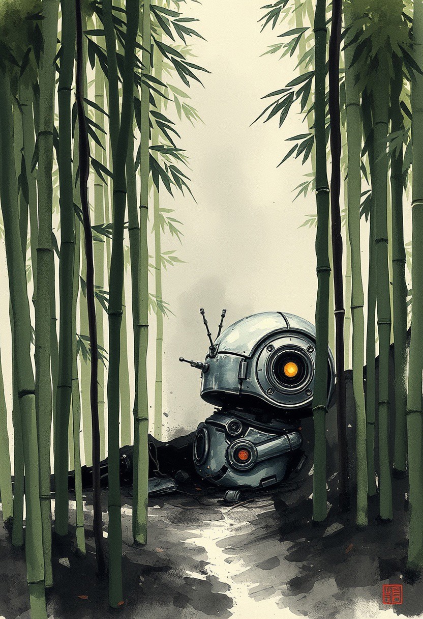 A serene bamboo grove hiding the remains of a half-buried android, its eye faintly glowing, modern ink expressionism, sci-fi realism, abstract landscapes with technological intrusions, expressive brushwork, muted yet vibrant color accents, rural and urban fusion, poetic minimalism, futuristic melancholy, machine forms within painterly environments, narrative ambiance, East-meets-West aesthetics, contemplative atmosphere
