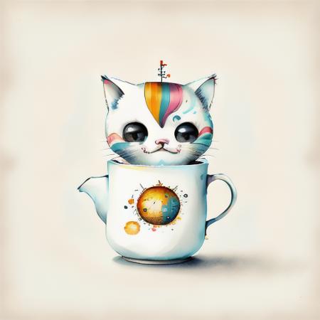 circular design, logo art, t-shirt art, (a cute adorable kawaii kitten in teacup:1), fantasy, colorful, vintage,  charming; white background, lowbrow art, concept design by Wes Anderson, vladstudio, Austin Osman Spare, Roberto Ferri, and Luis Ricardo Falero; digital illustration, radiant; gouache, 16k, minimalistic, doodle, CGSociety, solarpunk, crispy quality, sharp, bright, volumetric lighting, intricate, ample negative white space, as a logo,  <lora:LilYunicorn2-06:0.8>  as a t-shirt logo in the style of <magifactory> art,  vladstudio , <lora:Watercolor-07:1>