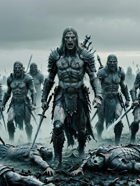 dark fantasy, <lora:JuggerCineXL2:0.8>,<lora:dark_fantasy_art:1>,<lora:xl_more_art-full_v1:0.7>,A misty, ghostly battlefield from ancient times, with spectral warriors locked in an eternal struggle, under a bleak, grey sky, cinematic, intricate, ultra detailed, 8k, uhd,