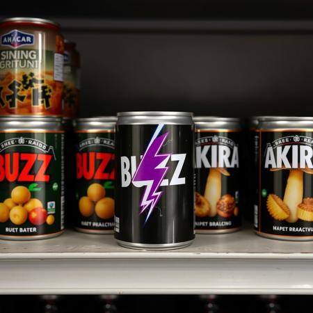 A shelf with food cans on it. One can is labeled "BUZZ" and has a picture of a lightning bolt on it. The rest are labeled "AKIRA" with pictures of mushrooms on them.