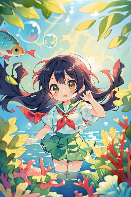 bubble,rating:safe,air_bubble,underwater,1girl,fish,long_hair,submerged,school_uniform,serafuku,solo,water,skirt,neckerchief,short_sleeves,(Impressionism:1.4), <lora:PastelKa:1>