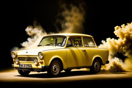 yellow STANCE TRABANT,  car, sandstorm, photorealistic, shot by Sony a7iii  <lora:TRABANT:0.8>