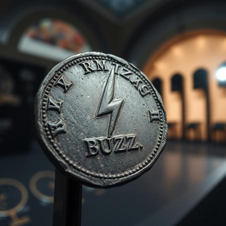 Closeup of a ancient Rome detoriated coin in museum with lightning bolt symbol and text in ancient font saying BUZZ, realistic, masterpiece, dramatic light, depth of field