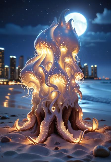 8k, analog photo, cs-l3ath3r, glow of bioluminescent elements and magical ligh white tentacles Martian, cute, night beach, mystical and captivating atmosphere, Cityscape at night, skyscrapters, High Quality, Full Colour, 80mm,