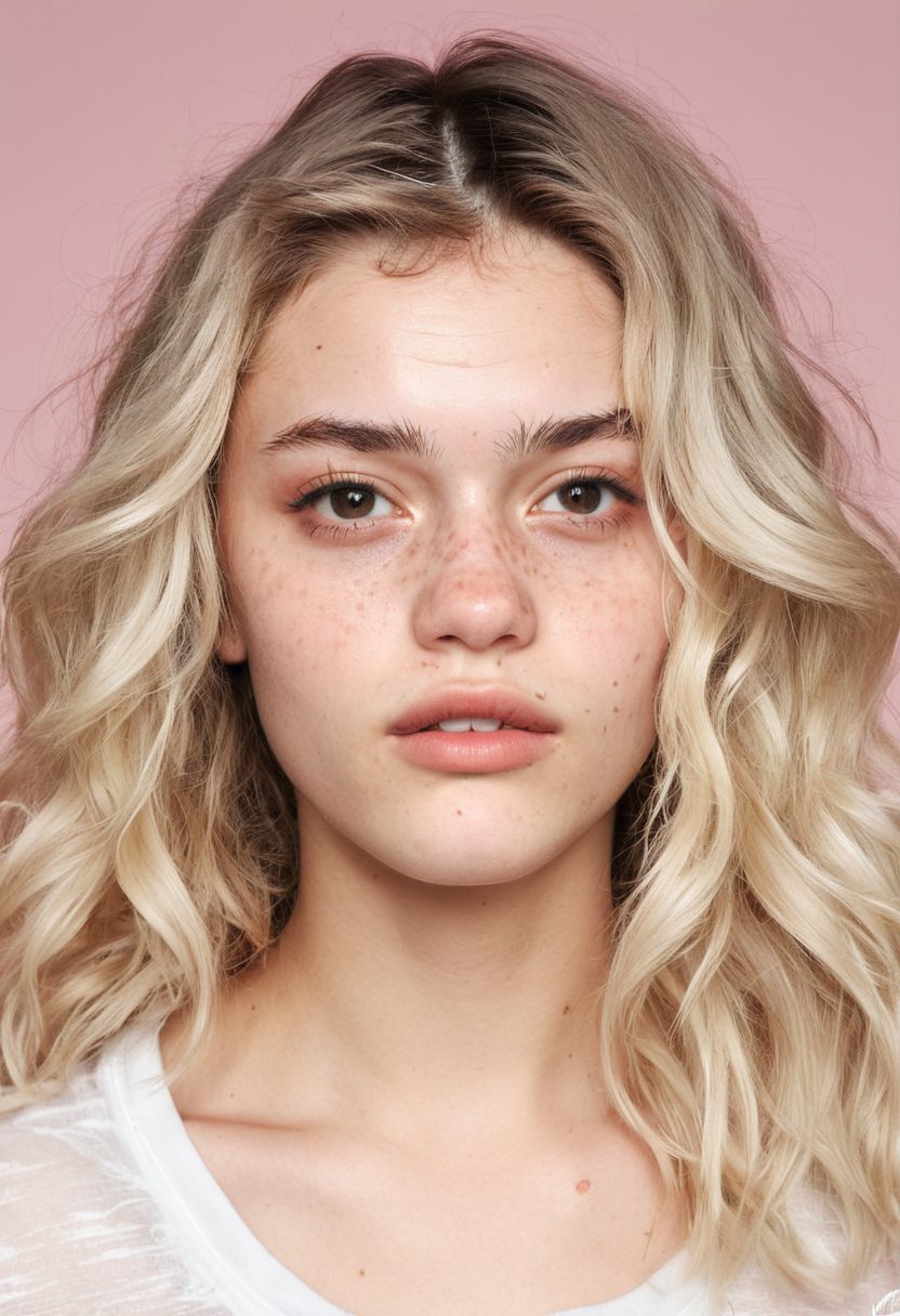 Full body photograph in (the style of) terry richardson, (1 woman), 22 year old american, unique facial structure and features, soft features, detailed hair