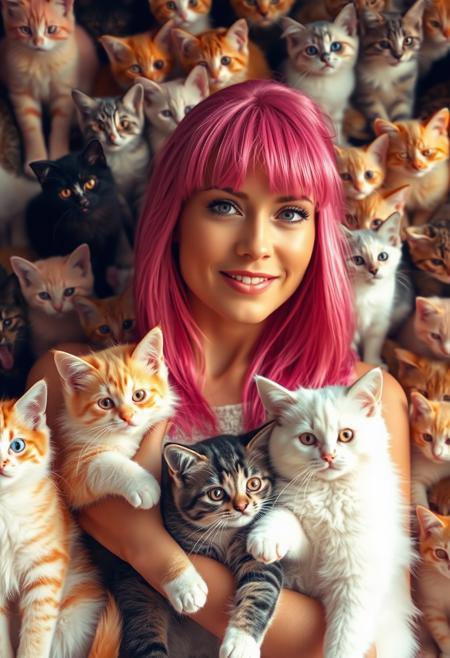 realistic photo of a beautiful pink haired woman, (caucasian woman:1.2), kittens everywhere, cats everywhere, walls made out of cats, cute colorful cats