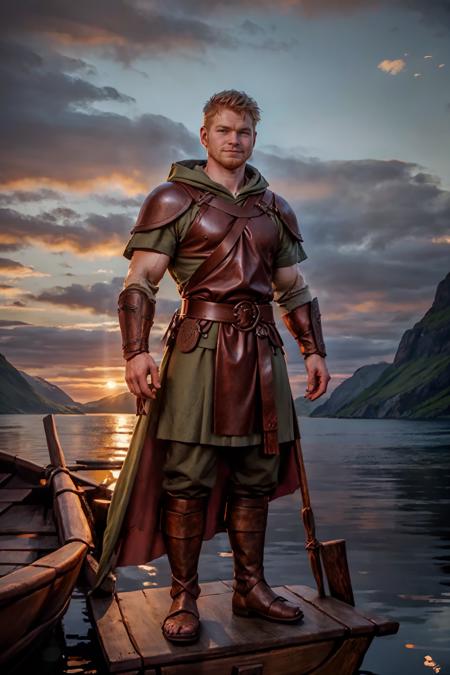 sunset over a fjord, standing at the bow of a viking longboat, ginger hair, CFConnor, slight smile, norsemenclothes, green tunic, cloak, brown leather belt, satchel, brown leather vambrace, brown pants, (((full body portrait))), wide angle  <lora:CFConnor:0.8>