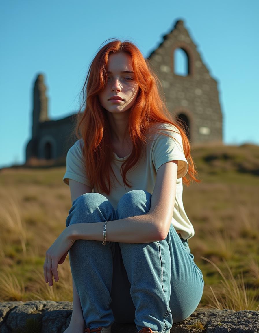 cinematic photo Jasmine is a pale skinned 18 year old woman, her chin is round, her face is an inverted triangle shape, she has long wavy deep red hair that hangs over one of her eyes
Jasmine's slim with medium breasts, her skin is very pale and freckled
Jasmine's sitting on a low stone wall in front of a ruined fort in scotland
the sky is blue and the scene is lit by bright sunshine
the ground is covered in heather and grass
she's wearing jeans and a t-shirt and walking boots, 35mm photograph, film, professional, 4k, highly detailed