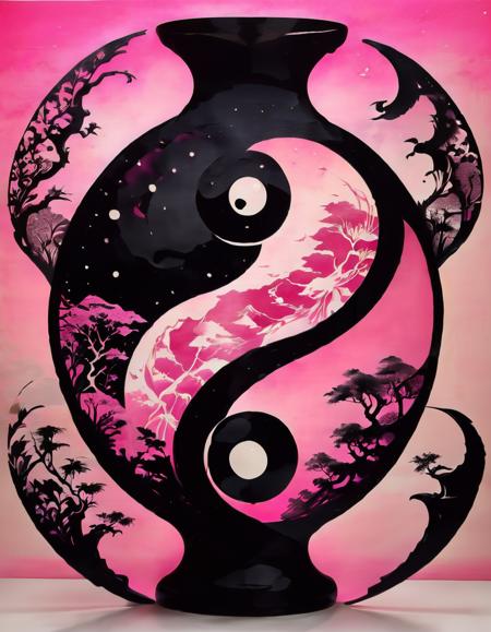 a stenciled Ying yang hour glass, black|pink <lora:SDXLStencilStyleFAE:1> stencil style