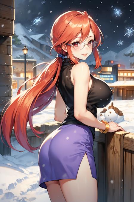 masterpiece, best quality,  <lora:lorelei-nvwls-v1-000009:0.9> frlgLorelei, red hair, swept bangs, low ponytail, glasses, black shirt, sleeveless, bracelet, miniskirt, purple skirt, large breasts, winter, cowboy shot, (snowstorm:1.5), snow, cityscape, looking at viewer, smile