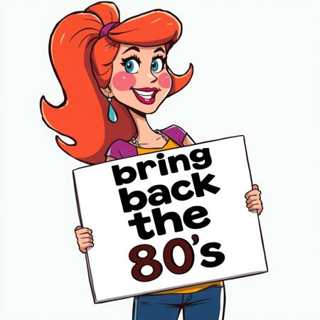 hanna barbera cartoon style, retro cartoon style, a woman holding a sign saying "Bring back the 80s"