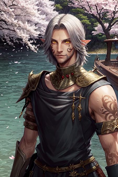 Urianger,  looking at viewer,  short hair,  weapon,  outdoors,  parted lips,  sword,  water,  armor,  tree,  yellow eyes,  tattoo,  facial hair,  facial mark,  cherry blossoms,  portrait,  watercraft,  weapon on back,  boat, <lora:EMS-48060-EMS:1.000000>