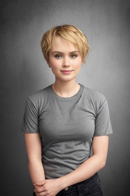 Profile photograph, side on, 3liza2, casual, plain black tee shirt and and jeans sharp focus, studio light, rule of thirds, studio backdrop, relaxed smile,  Very Short Blonde hair, fit to image, headroom,