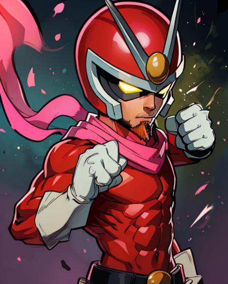 Joe,red goatee, upper body, solo, closed fists,
Viewtiful,red bodysuit, (pink scarf), helmet with glowing yellow eyes, white gloves and boots, abs, 
mouth closed,
town, explosions
(insanely detailed, beautiful detailed face, masterpiece, best quality) <lora:Viewtifuljoe-10v2:0.7>